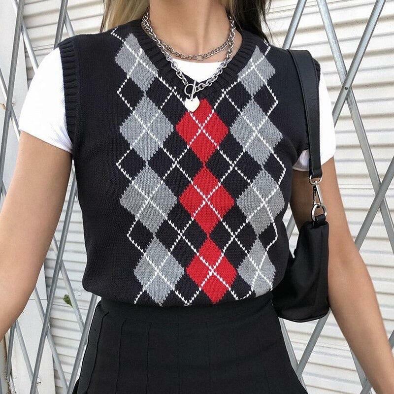 Y2K Grunge Black Argyle Vest - Retro 90s Fashion, Summer Outfits, and Pastel Goth Style