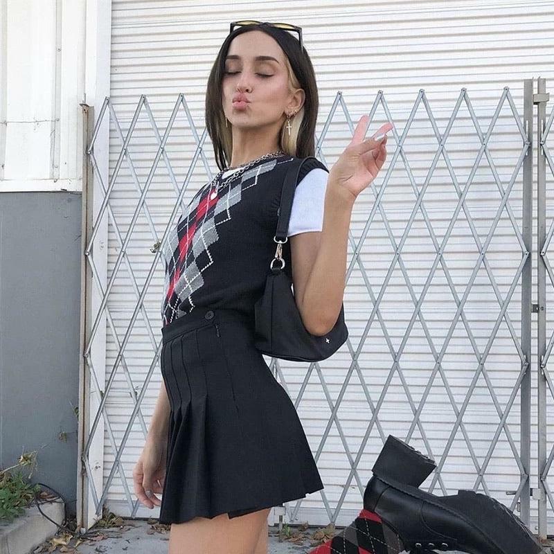 Y2K Grunge Black Argyle Vest - Retro 90s Fashion, Summer Outfits, and Pastel Goth Style