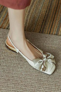 Y2K Grunge Black Bow Cowhide Leather Flats - Retro 90s Summer Party & Club Outfit Shoes