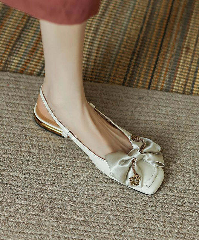 Y2K Grunge Black Bow Cowhide Leather Flats - Retro 90s Summer Party & Club Outfit Shoes