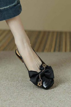 Y2K Grunge Black Bow Cowhide Leather Flats - Retro 90s Summer Party & Club Outfit Shoes
