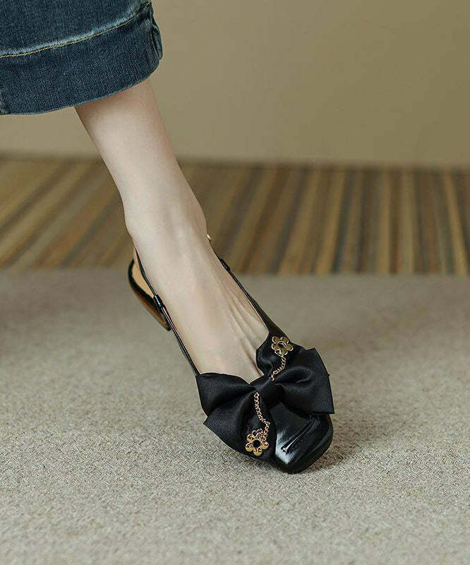 Y2K Grunge Black Bow Cowhide Leather Flats - Retro 90s Summer Party & Club Outfit Shoes