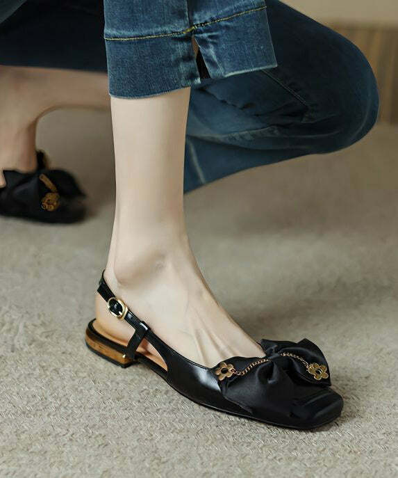 Y2K Grunge Black Bow Cowhide Leather Flats - Retro 90s Summer Party & Club Outfit Shoes
