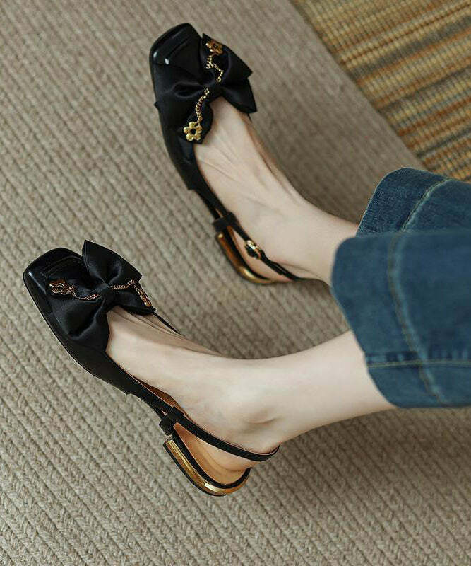 Y2K Grunge Black Bow Cowhide Leather Flats - Retro 90s Summer Party & Club Outfit Shoes