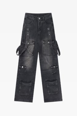 Y2K Grunge Black Cargo Jeans for Women - 90s Retro Summer Outfit, Y2K Fashion Essentials
