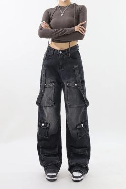 Y2K Grunge Black Cargo Jeans for Women - 90s Retro Summer Outfit, Y2K Fashion Essentials