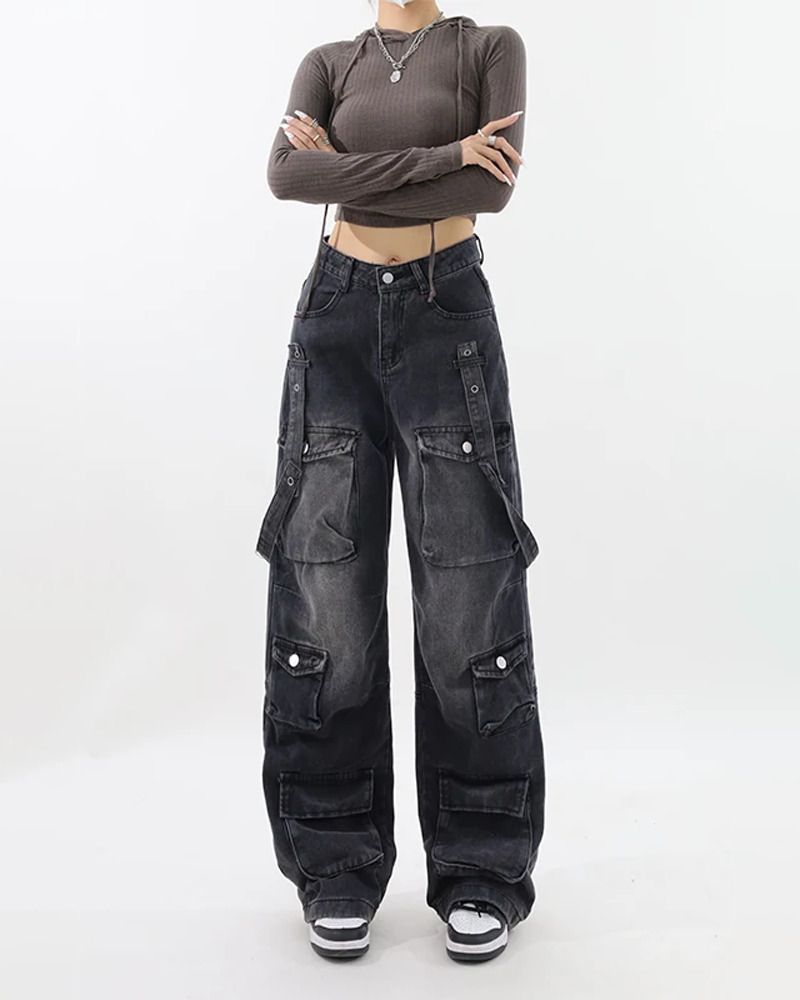Y2K Grunge Black Cargo Jeans for Women - 90s Retro Summer Outfit, Y2K Fashion Essentials