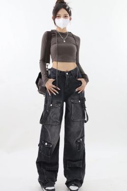 Y2K Grunge Black Cargo Jeans for Women - 90s Retro Summer Outfit, Y2K Fashion Essentials