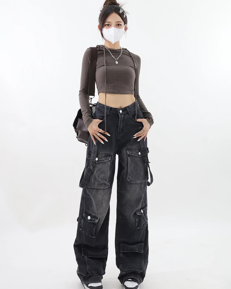 Y2K Grunge Black Cargo Jeans for Women - 90s Retro Summer Outfit, Y2K Fashion Essentials