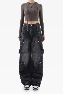 Y2K Grunge Black Cargo Jeans for Women - 90s Retro Summer Outfit, Y2K Fashion Essentials