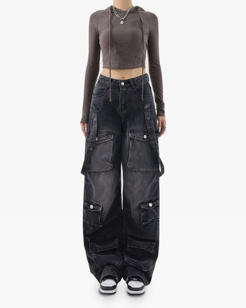 Y2K Grunge Black Cargo Jeans for Women - 90s Retro Summer Outfit, Y2K Fashion Essentials