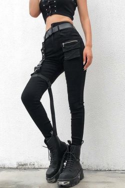 Y2K Grunge Black Cargo Pants with Buckle Belt - 90s Retro Summer Outfit