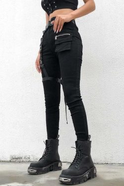 Y2K Grunge Black Cargo Pants with Buckle Belt - 90s Retro Summer Outfit