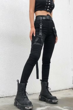 Y2K Grunge Black Cargo Pants with Buckle Belt - 90s Retro Summer Outfit