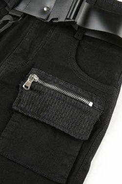Y2K Grunge Black Cargo Pants with Buckle Belt - 90s Retro Summer Outfit