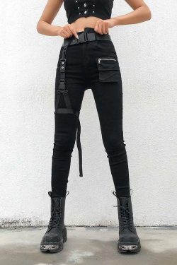 Y2K Grunge Black Cargo Pants with Buckle Belt - 90s Retro Summer Outfit