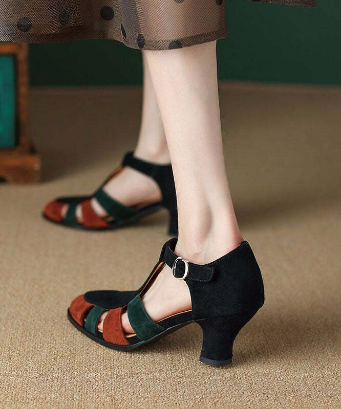Y2K Grunge Black Chunky Heel Sandals - Suede, Buckle Strap, Retro 90s Fashion
