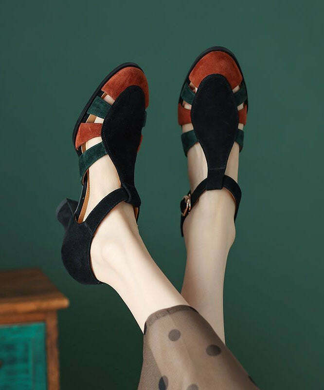 Y2K Grunge Black Chunky Heel Sandals - Suede, Buckle Strap, Retro 90s Fashion