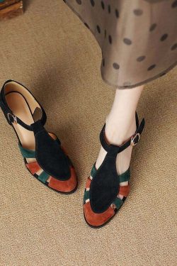 Y2K Grunge Black Chunky Heel Sandals - Suede, Buckle Strap, Retro 90s Fashion