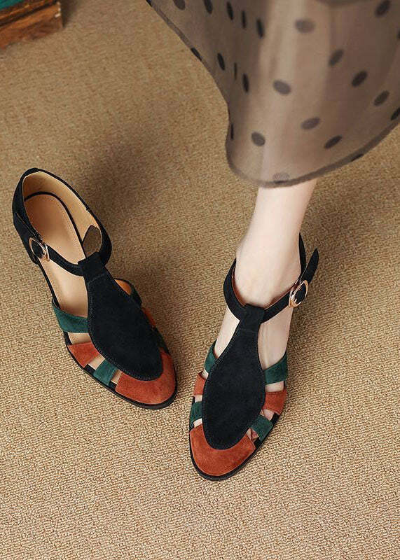 Y2K Grunge Black Chunky Heel Sandals - Suede, Buckle Strap, Retro 90s Fashion