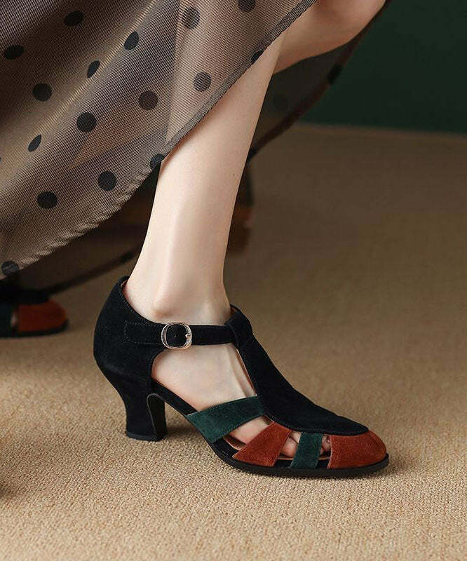 Y2K Grunge Black Chunky Heel Sandals - Suede, Buckle Strap, Retro 90s Fashion