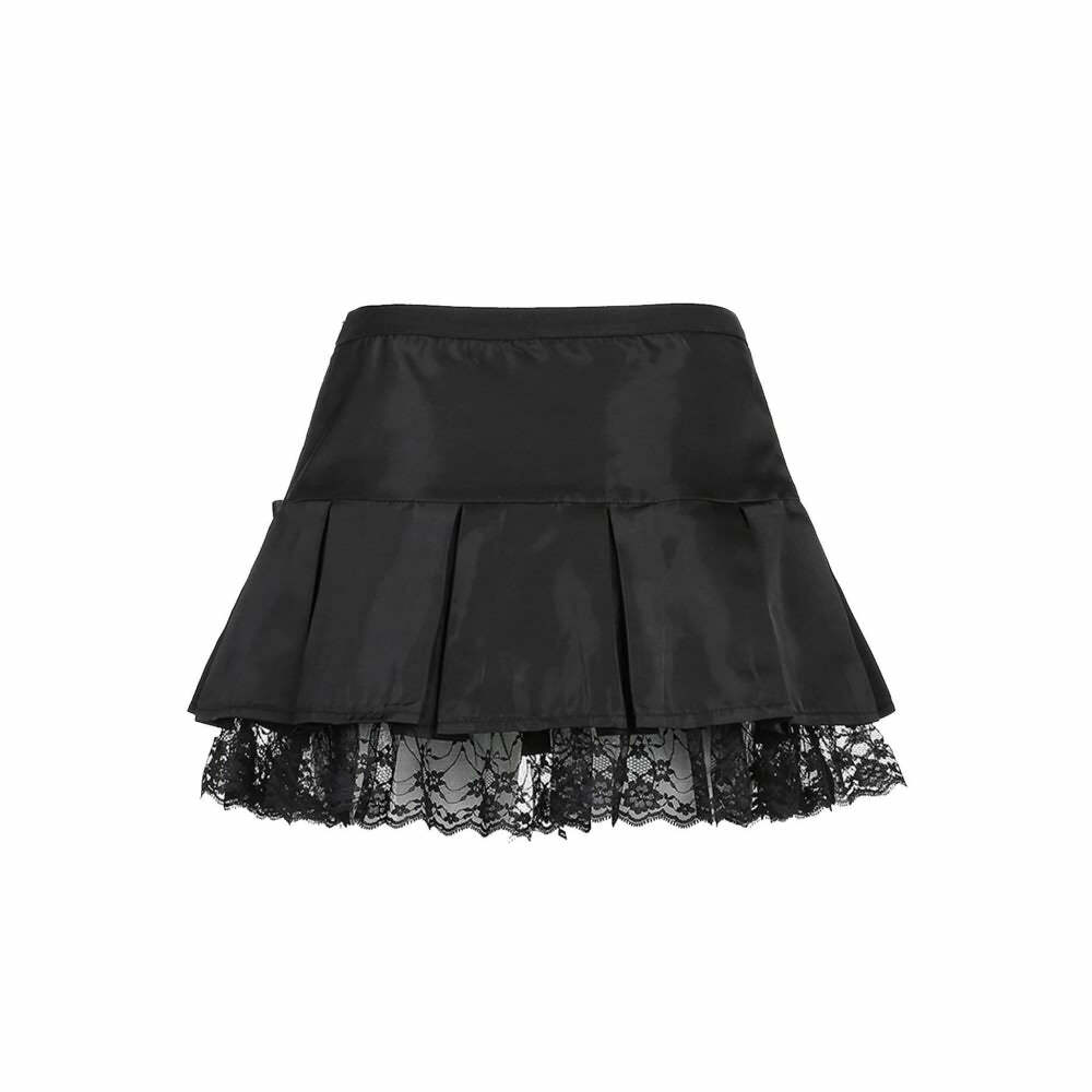 Y2K Grunge Black Emo Goth Lace Pleated Mini Skirt - Retro 90s Fashion, Y2K Summer Outfit