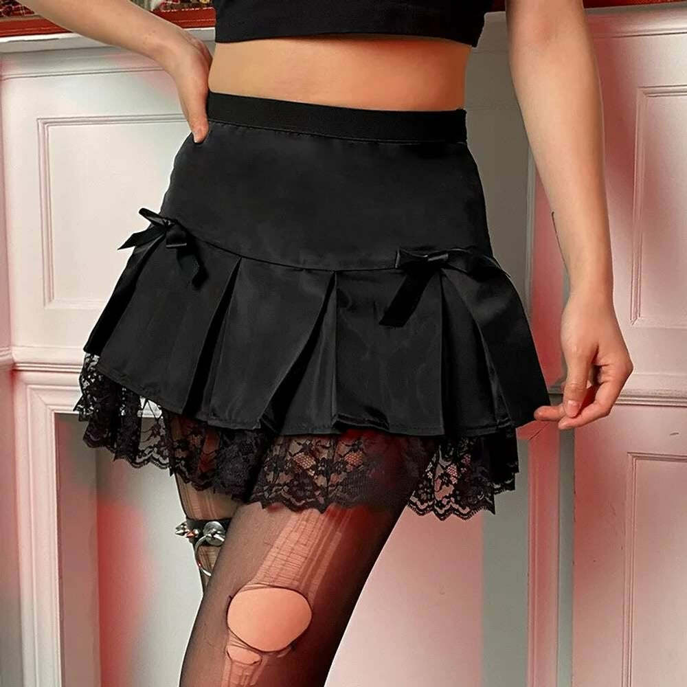 Y2K Grunge Black Emo Goth Lace Pleated Mini Skirt - Retro 90s Fashion, Y2K Summer Outfit