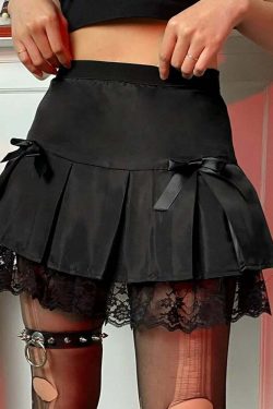 Y2K Grunge Black Emo Goth Lace Pleated Mini Skirt - Retro 90s Fashion, Y2K Summer Outfit