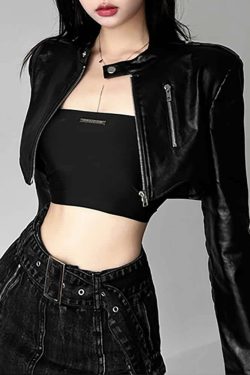 Y2K Grunge Black Faux Leather Crop Jacket - 90s Retro Style, Y2K Party & Club Outfits
