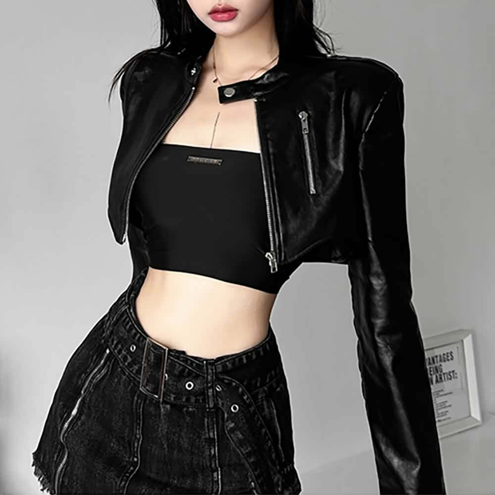 Y2K Grunge Black Faux Leather Crop Jacket - 90s Retro Style, Y2K Party & Club Outfits