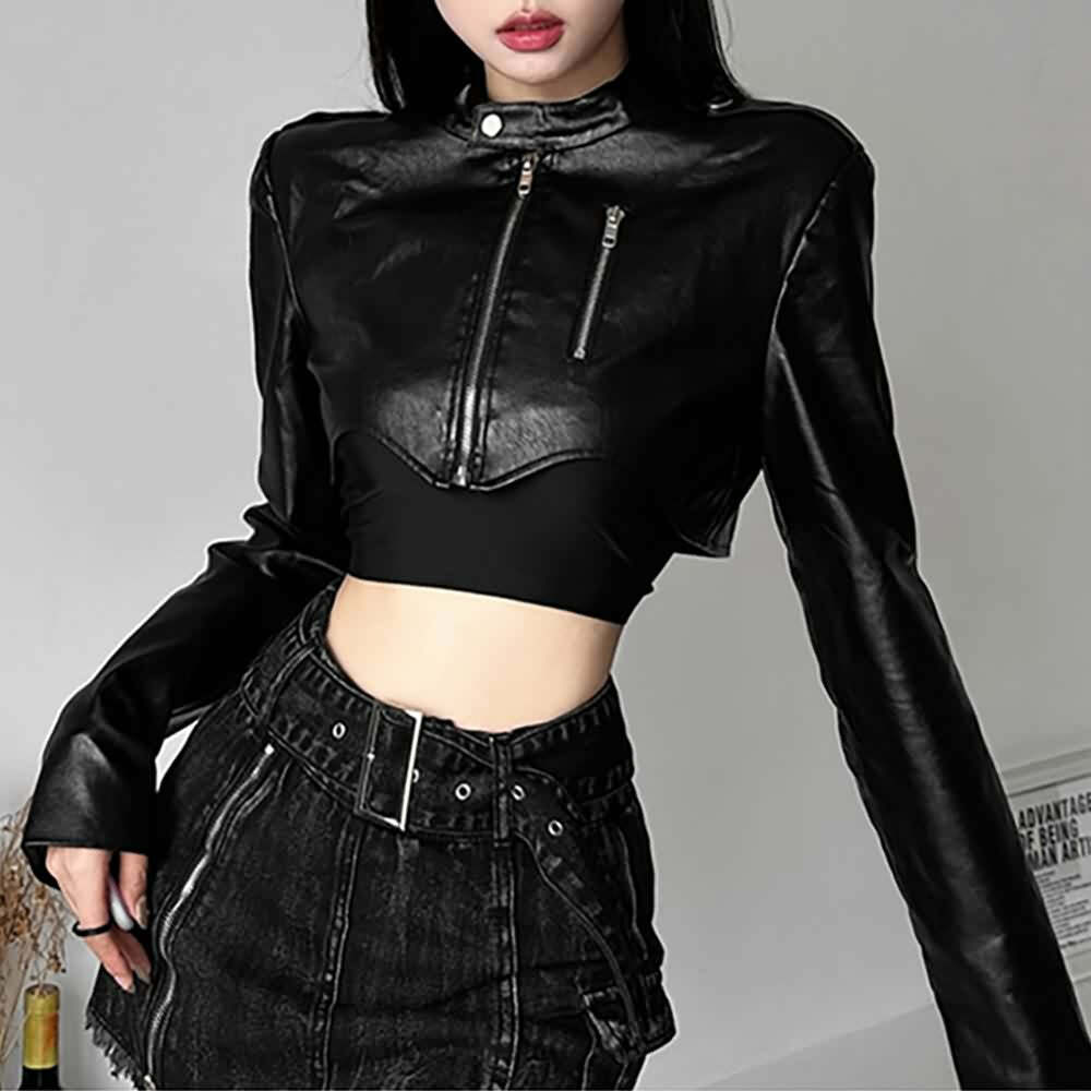 Y2K Grunge Black Faux Leather Crop Jacket - 90s Retro Style, Y2K Party & Club Outfits