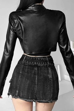 Y2K Grunge Black Faux Leather Crop Jacket - 90s Retro Style, Y2K Party & Club Outfits