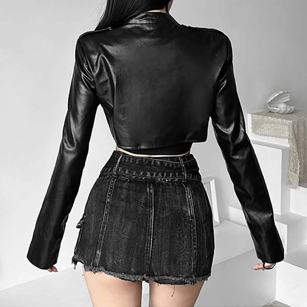 Y2K Grunge Black Faux Leather Crop Jacket - 90s Retro Style, Y2K Party & Club Outfits