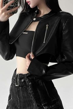 Y2K Grunge Black Faux Leather Crop Jacket - 90s Retro Style, Y2K Party & Club Outfits