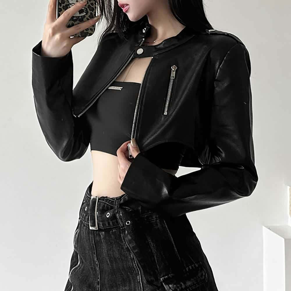 Y2K Grunge Black Faux Leather Crop Jacket - 90s Retro Style, Y2K Party & Club Outfits