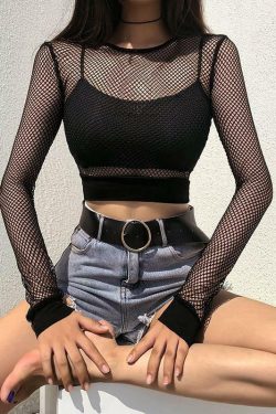 Y2K Grunge Black Fishnet Crop Top - Perfect for 90s Outfits, Summer Y2K Parties, and Retro Style