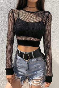 Y2K Grunge Black Fishnet Crop Top - Perfect for 90s Outfits, Summer Y2K Parties, and Retro Style