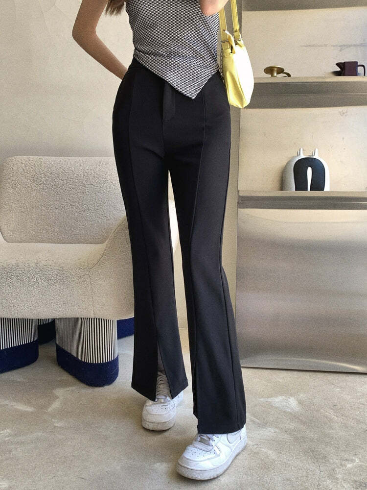 Y2K Grunge Black Front Slit Pants - Retro 90s Summer Outfit, Y2K Fashion, Gothic Style