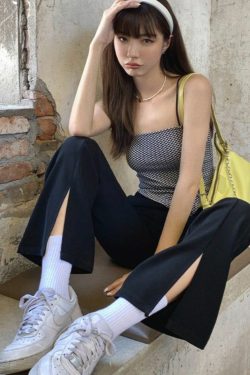 Y2K Grunge Black Front Slit Pants - Retro 90s Summer Outfit, Y2K Fashion, Gothic Style