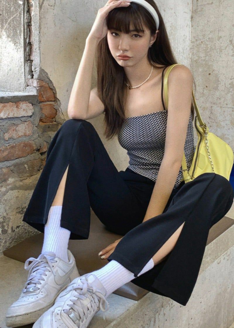 Y2K Grunge Black Front Slit Pants - Retro 90s Summer Outfit, Y2K Fashion, Gothic Style