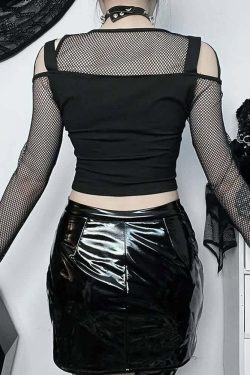 Y2K Grunge Black Goth Fishnet Mesh Long Sleeve Crop Top - Retro 90s Fashion Outfit