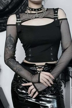 Y2K Grunge Black Goth Fishnet Mesh Long Sleeve Crop Top - Retro 90s Fashion Outfit