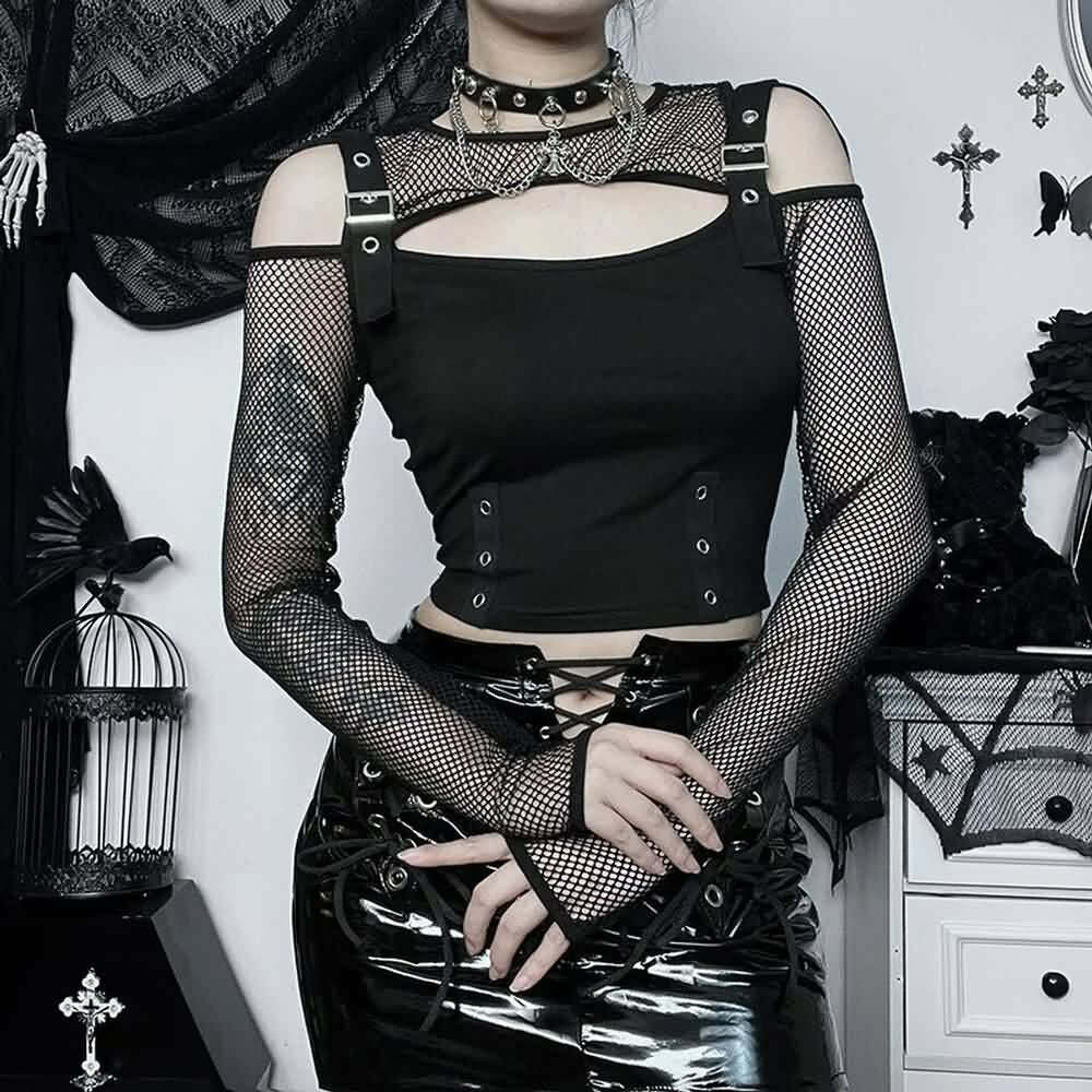 Y2K Grunge Black Goth Fishnet Mesh Long Sleeve Crop Top - Retro 90s Fashion Outfit