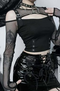 Y2K Grunge Black Goth Fishnet Mesh Long Sleeve Crop Top - Retro 90s Fashion Outfit