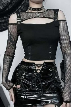 Y2K Grunge Black Goth Fishnet Mesh Long Sleeve Crop Top - Retro 90s Fashion Outfit
