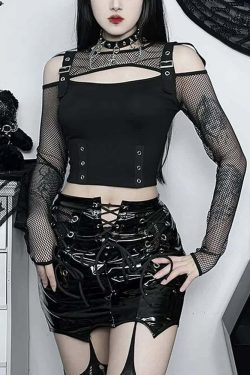 Y2K Grunge Black Goth Fishnet Mesh Long Sleeve Crop Top - Retro 90s Fashion Outfit