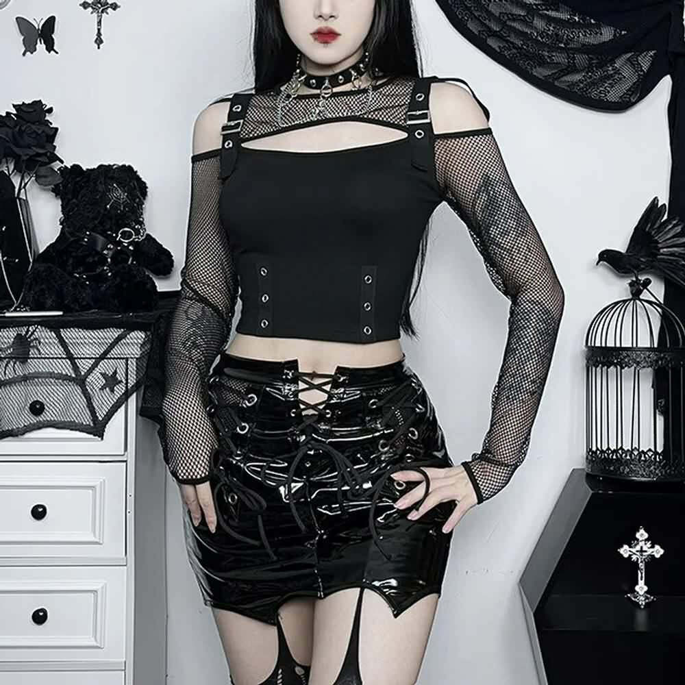 Y2K Grunge Black Goth Fishnet Mesh Long Sleeve Crop Top - Retro 90s Fashion Outfit