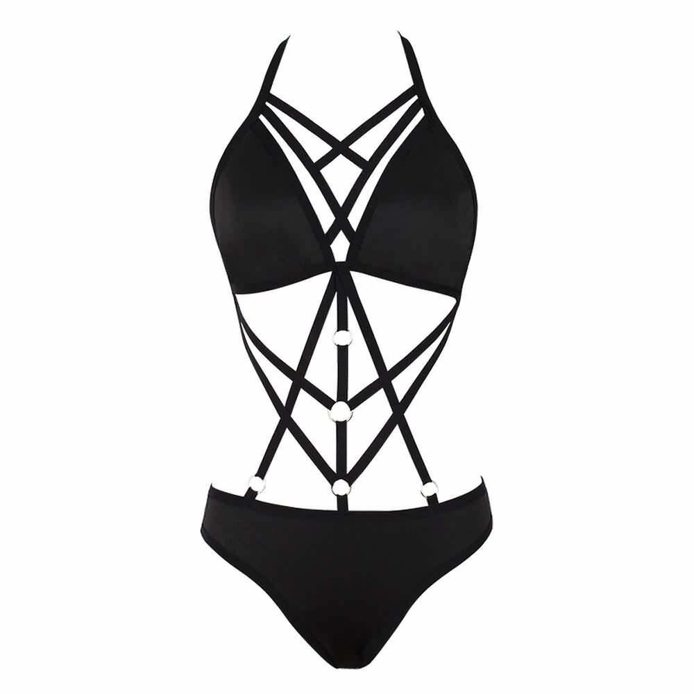 Y2K Grunge Black Gothic Harness Bra and Panty Lingerie Set - Retro 90s Summer Outfit