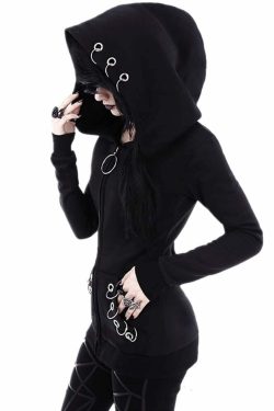 Y2K Grunge Black Gothic Metal Rings Zip Up Hoodie - Retro 90s Fashion, Y2K Club & Party Outfit