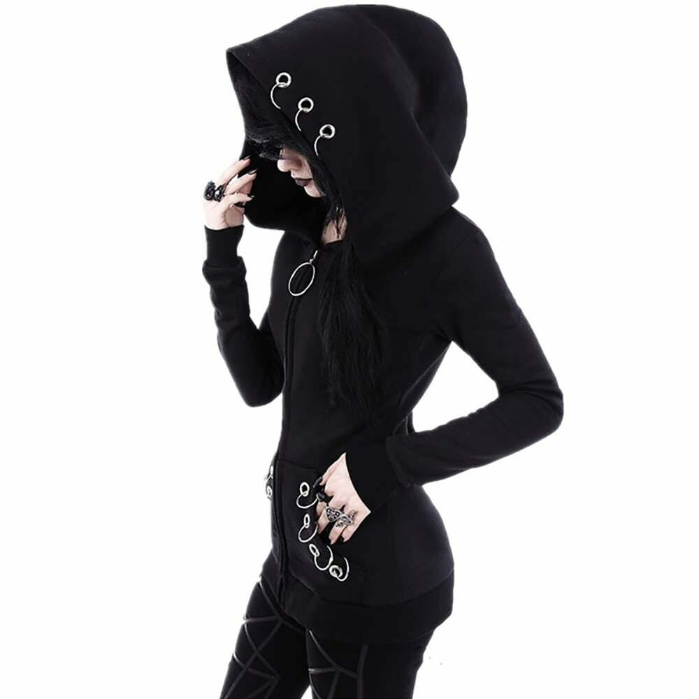 Y2K Grunge Black Gothic Metal Rings Zip Up Hoodie - Retro 90s Fashion, Y2K Club & Party Outfit